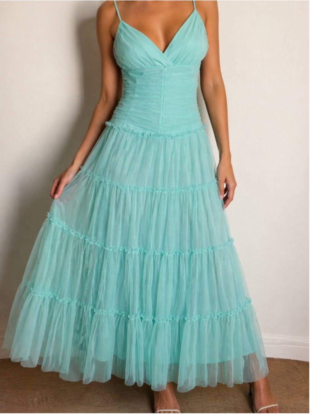 Jessica McClintock x Gunne Sax Aqua Tiered Tulle Maxi Dress Balletcore Fairycore - Picture 7 of 7